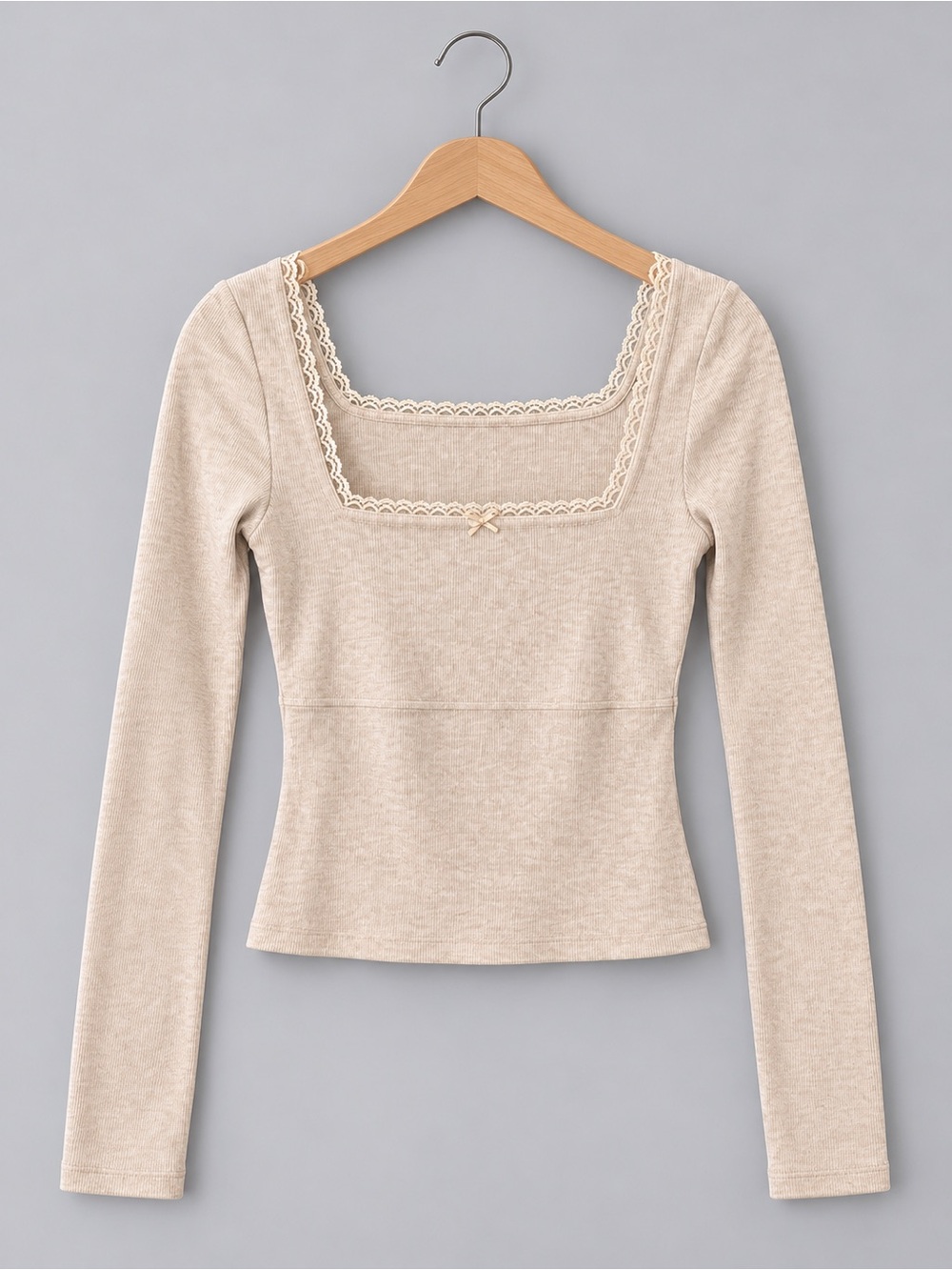 American Eagle Outfitters Lace-Trim Square Neck Long Sleeve Top - Cream